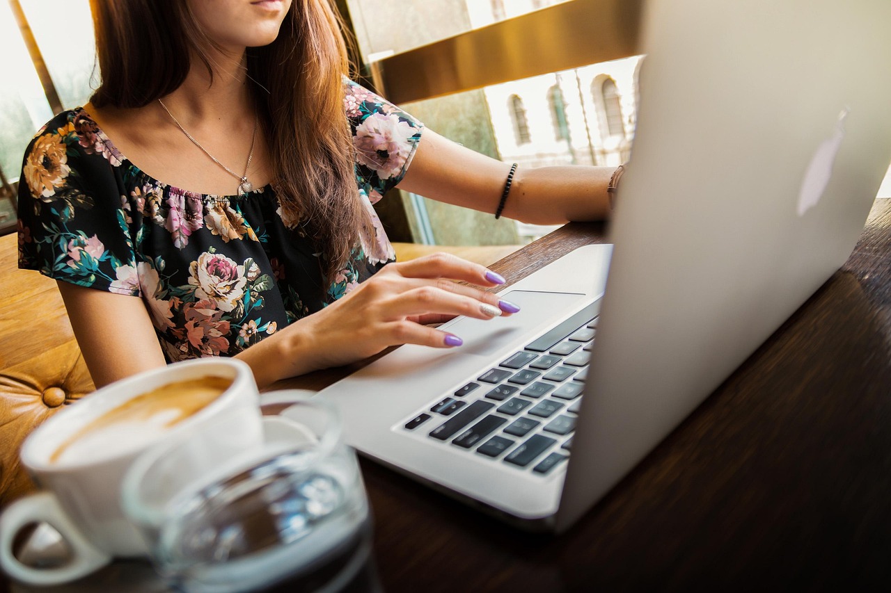 woman, laptop, desk, workspace, macbook, technology, work, working, working woman, coffee, computer, cup, coffee cup, girl, mug